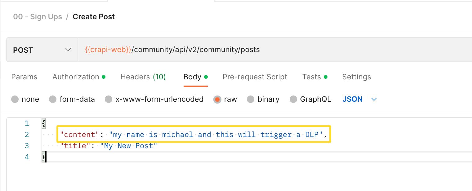 screenshot showing postman set up to trigger DLP policy